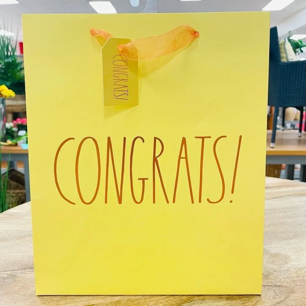 NWT 3 Rae Dunn Yellow with Gold letters “CONGRATS” Gift Bags with From:/to: card